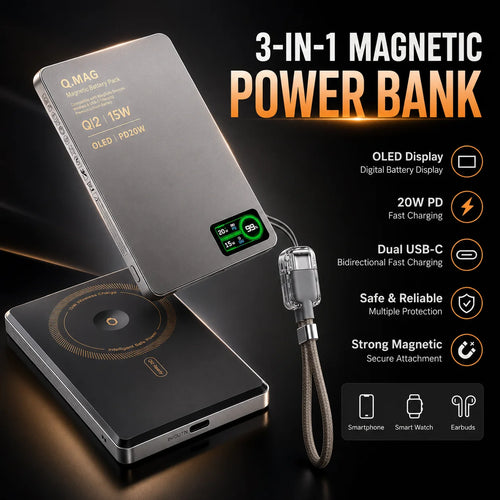 3-in-1 Magnetic Power Bank – Qi2.1, 15W Wireless, LCD Screen, 5000/10000mAh, for iPhone & Apple Watch