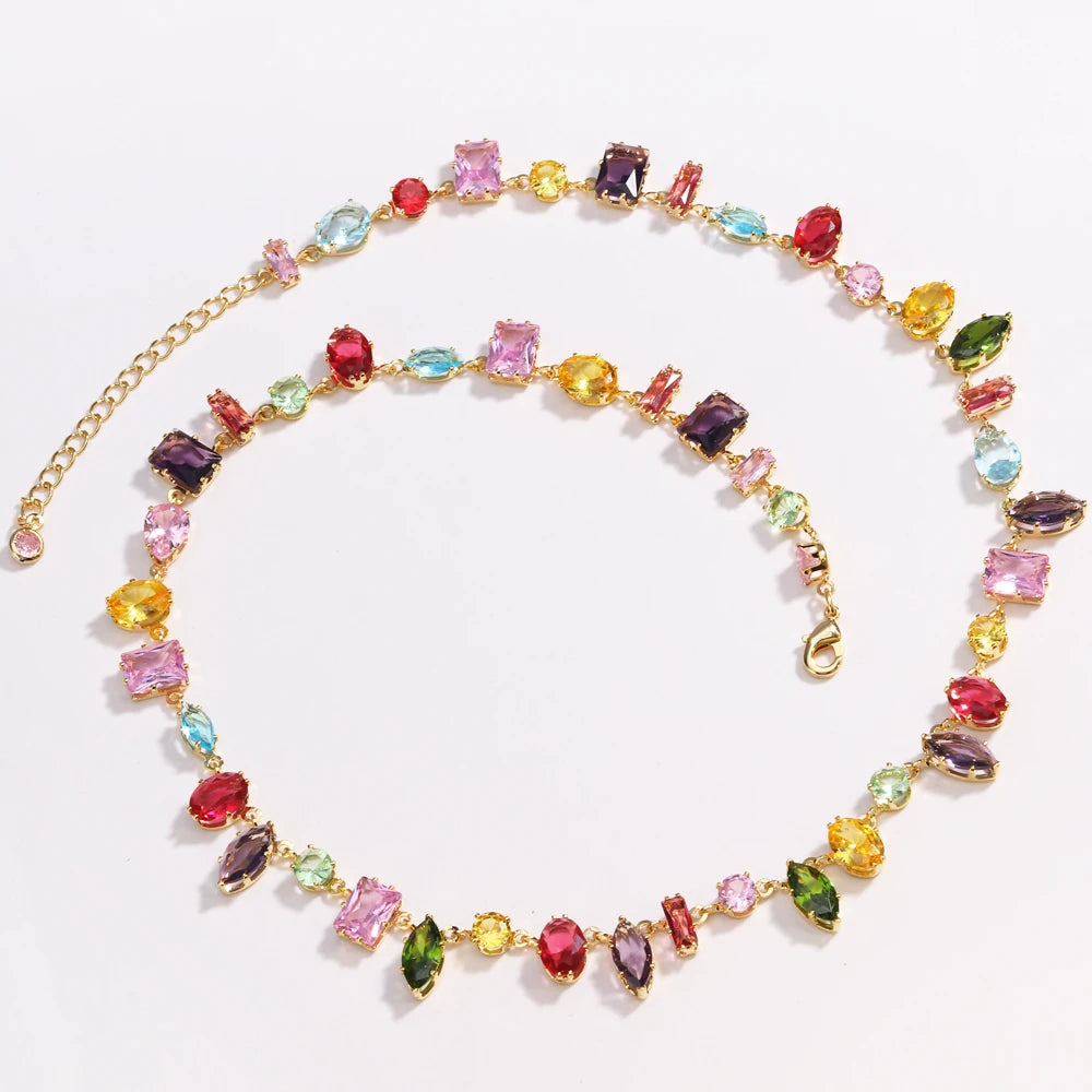 18K Gold Plated Rainbow CZ Choker Necklace & Bracelet – Colorful Cubic Zirconia | Women's Party Jewelry