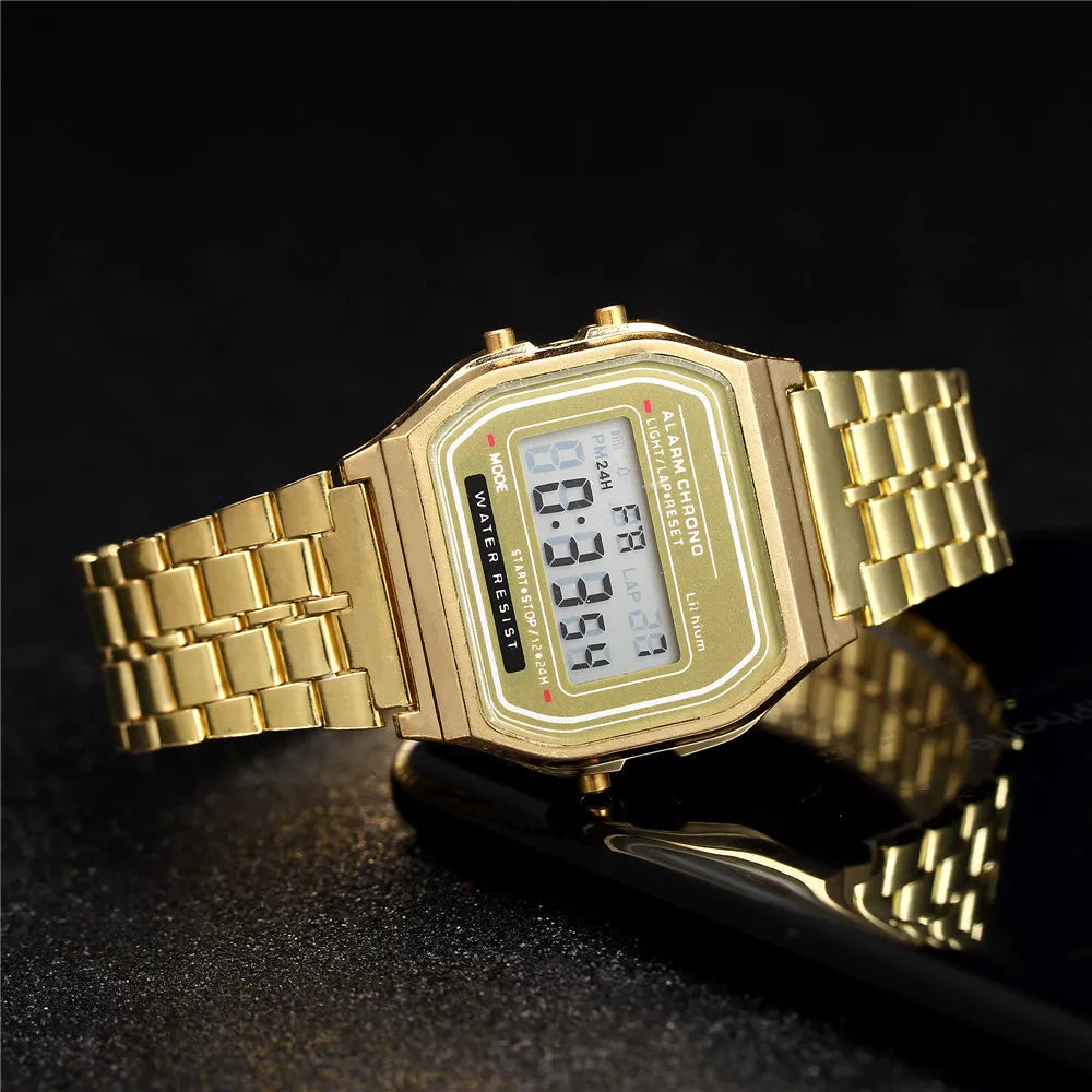 Men's LED Digital Watch – Stainless Steel Bracelet, Rectangle Dial, Rose Gold / Gold / Silver / Black