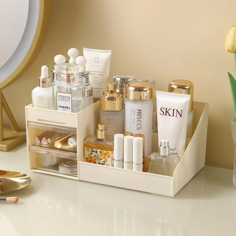 Desktop Cosmetic Organizer with Drawer – Beige Makeup Storage Box & Display Case