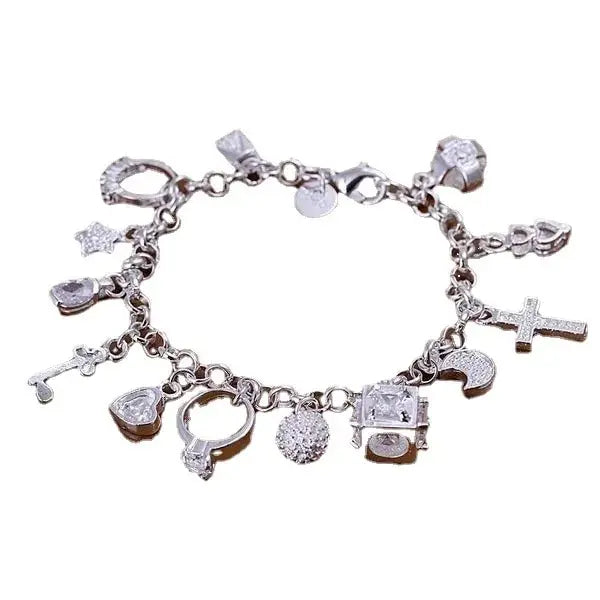 Silver Charm Bracelet with Crystal Pendants