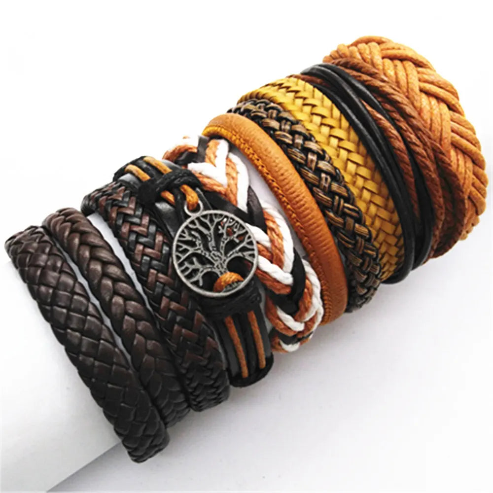 10-Piece Leather Wrap Bracelet Set — Handmade Woven