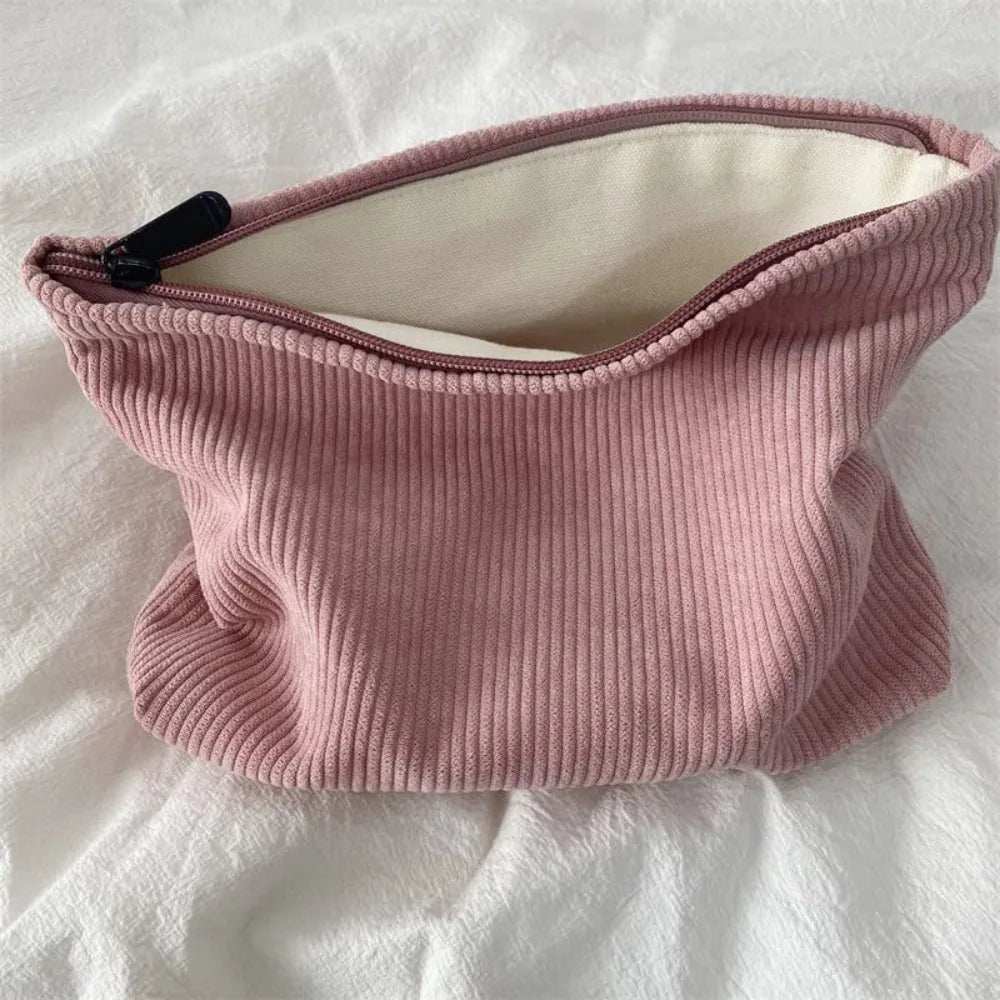 Corduroy Makeup Pouch – Large Zipper Cosmetic Bag & Brush Storage Clutch