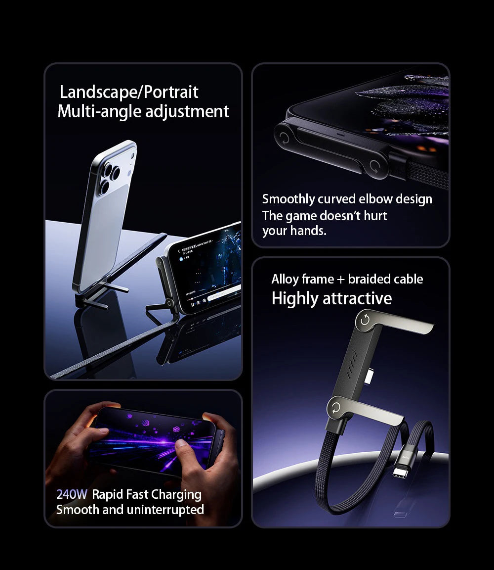 240W USB-C to USB-C Cable – 2-in-1 with Foldable Phone Holder, Fast Charge & Data