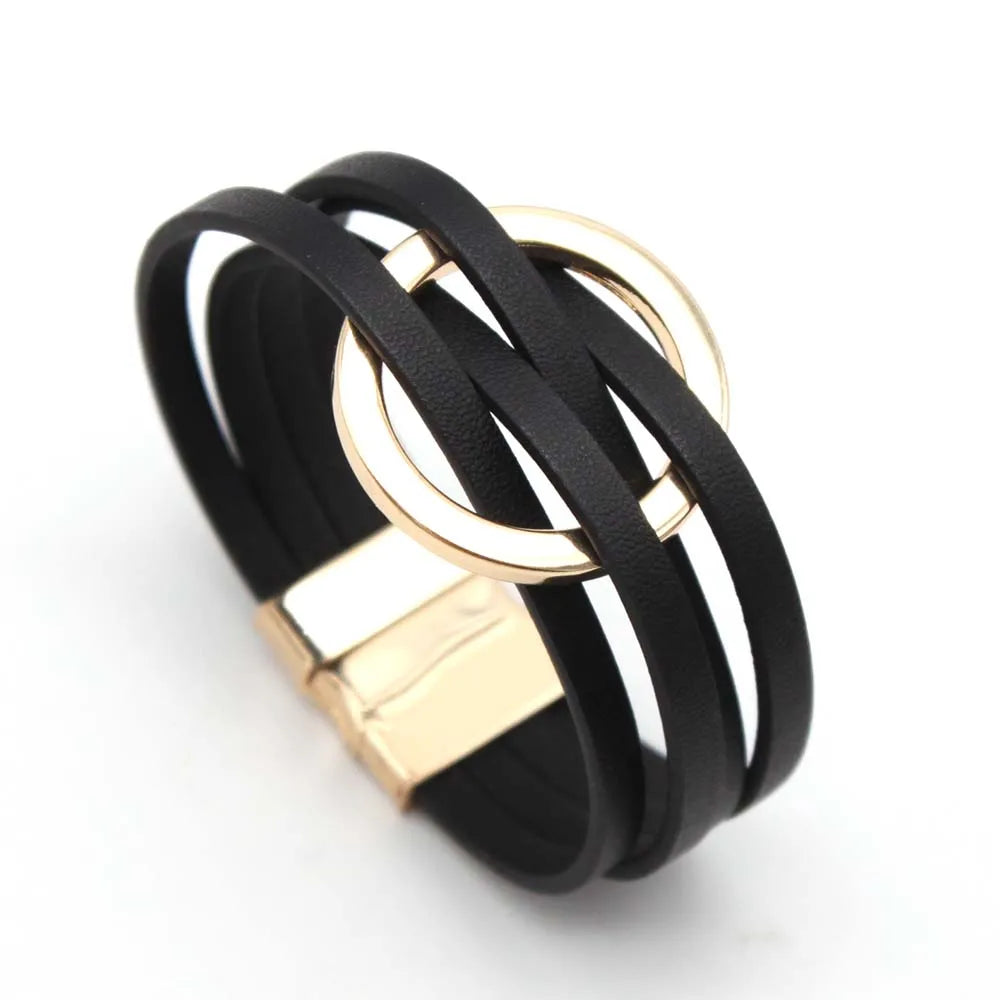 Leather Wrap Bracelet — Multilayer Wide Cuff