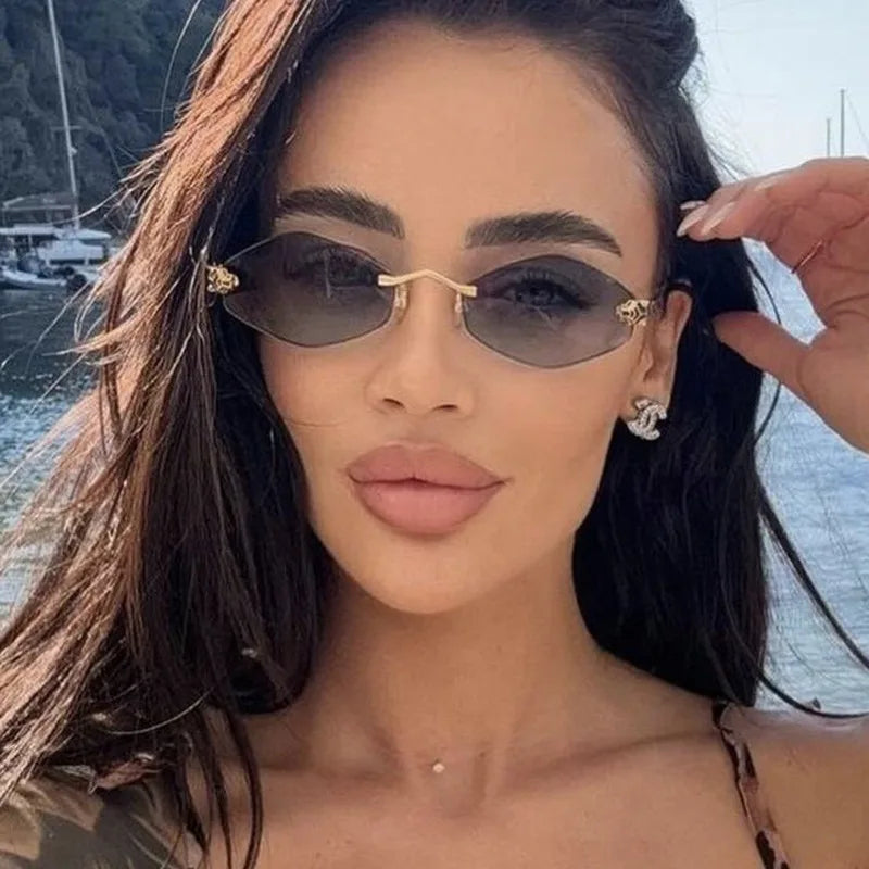 Women's Polygon Rimless Sunglasses – Gold Metal Frame, UV400 | Vintage Rhombus Style