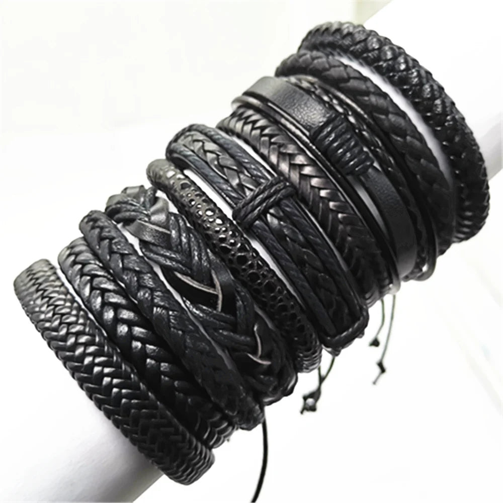 10-Piece Leather Wrap Bracelet Set — Handmade Woven