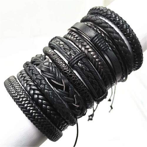 10-Piece Leather Wrap Bracelet Set — Handmade Woven