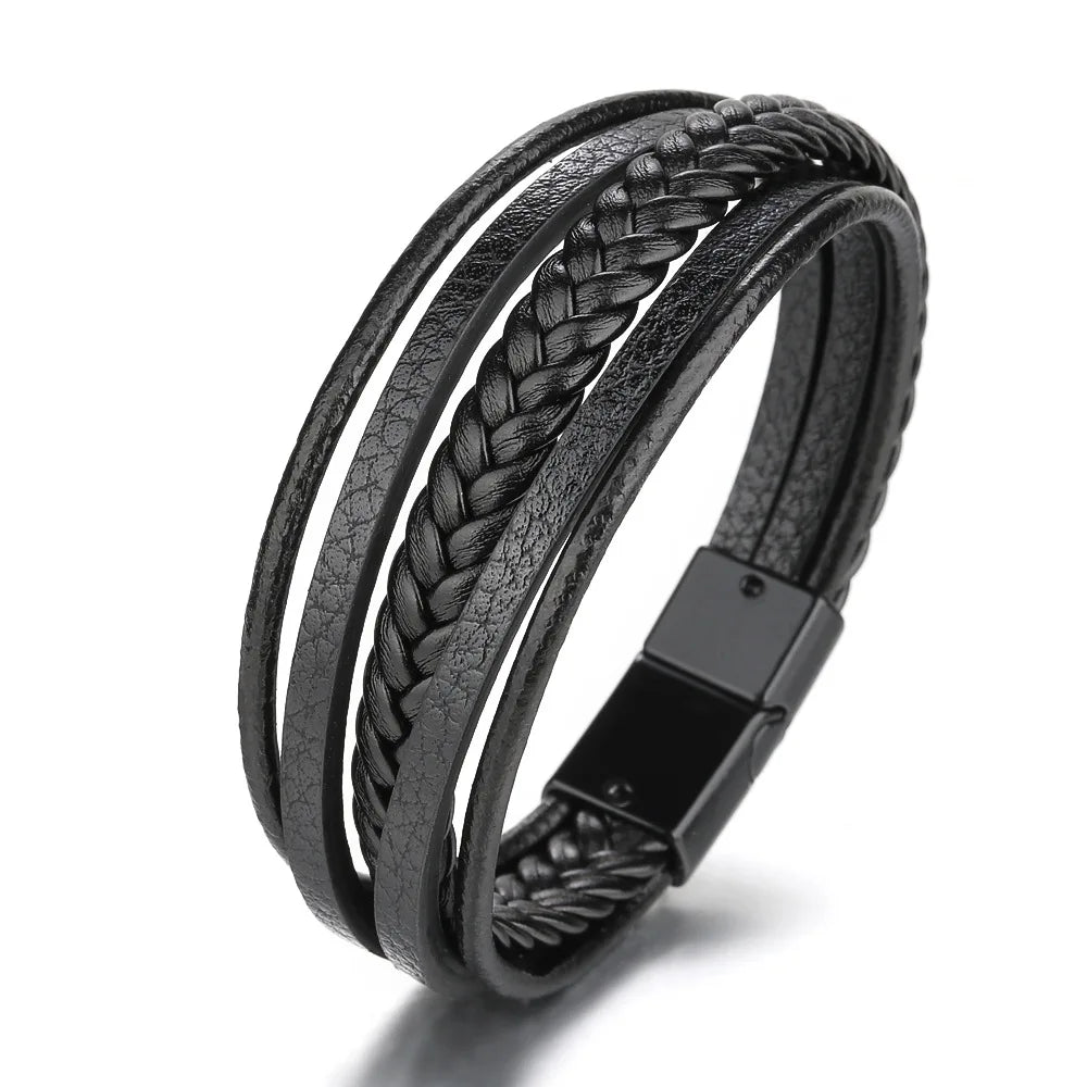 Men's Stainless Steel Leather Bracelet — Braided