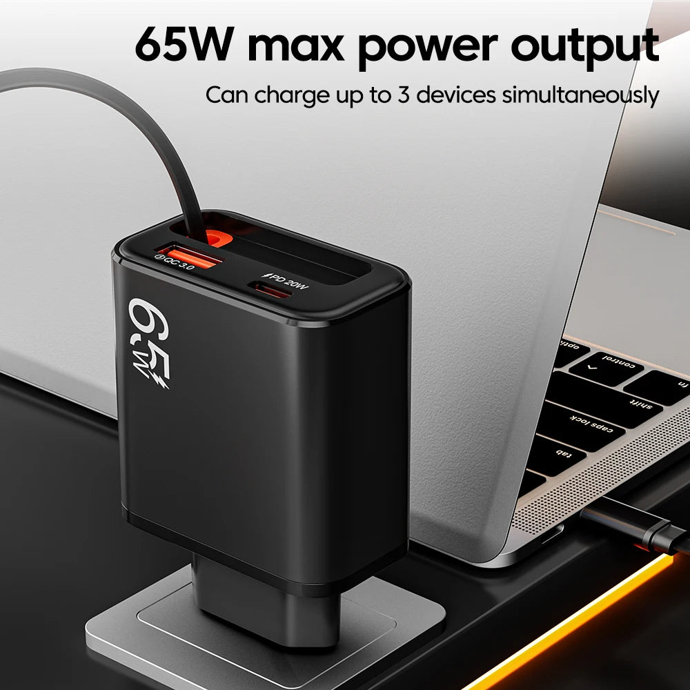 65W Wall Charger with Retractable USB-C Cable – PD & QC3.0 Fast Charging for iPhone, Samsung & Xiaomi