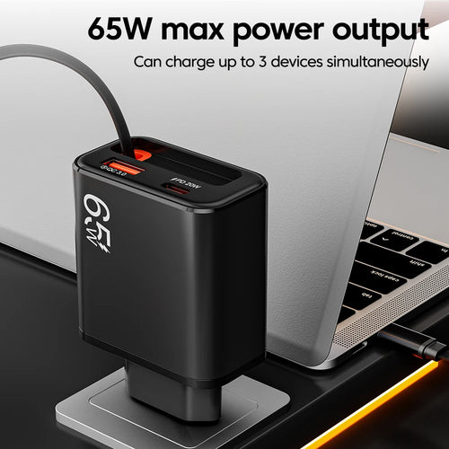 65W Wall Charger with Retractable USB-C Cable – PD & QC3.0 Fast Charging for iPhone, Samsung & Xiaomi