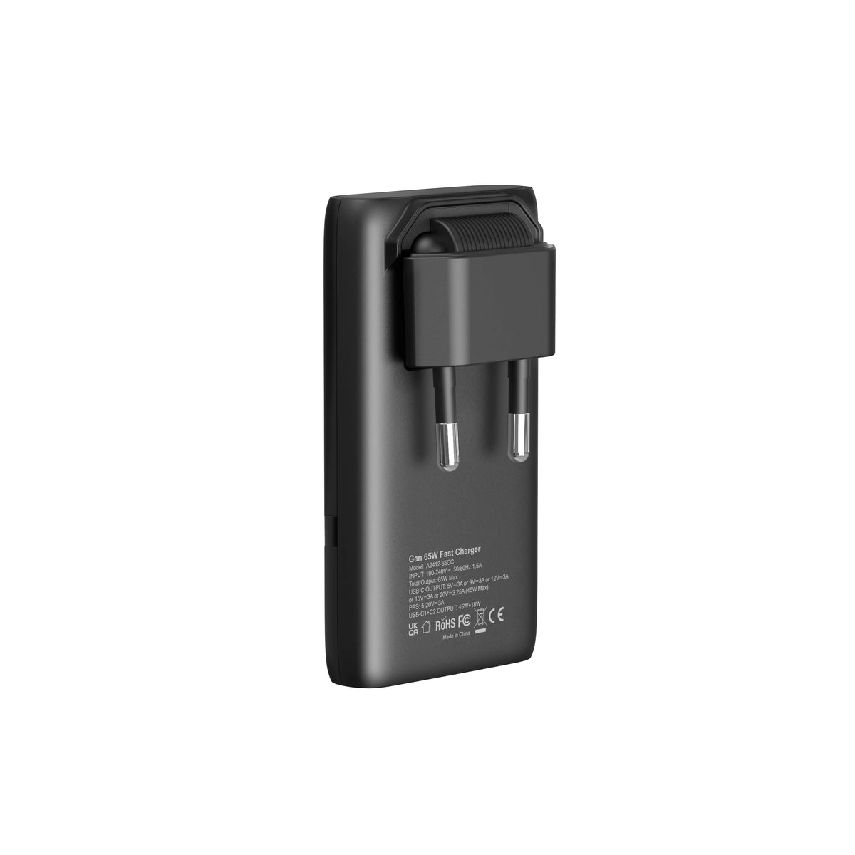 65W GaN Dual USB-C Wall Charger – Flat, Foldable Plug, Fast Charging, White/Black