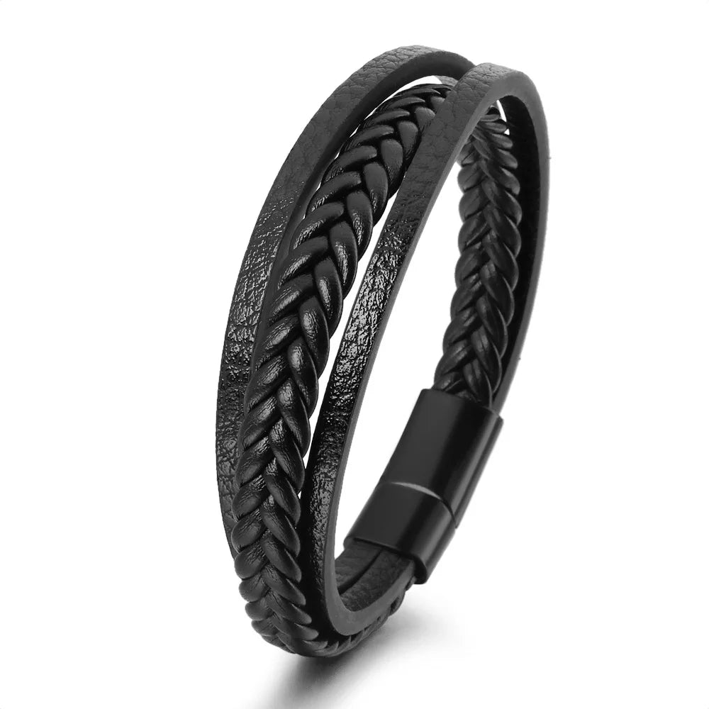 Men's Stainless Steel Leather Bracelet — Braided
