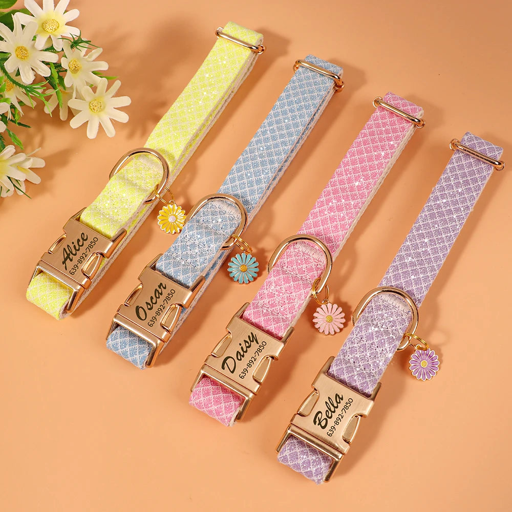 Personalized Bling Nylon Dog Collar – Free Engraved ID Tag with Flower Accessory