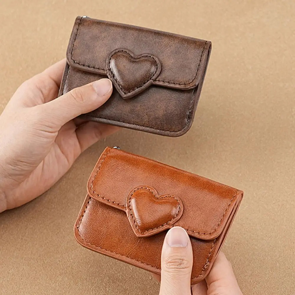 Women's Heart Detail PU Leather Card Holder – Chain Keychain | Dark Brown, Black, Brown, Red