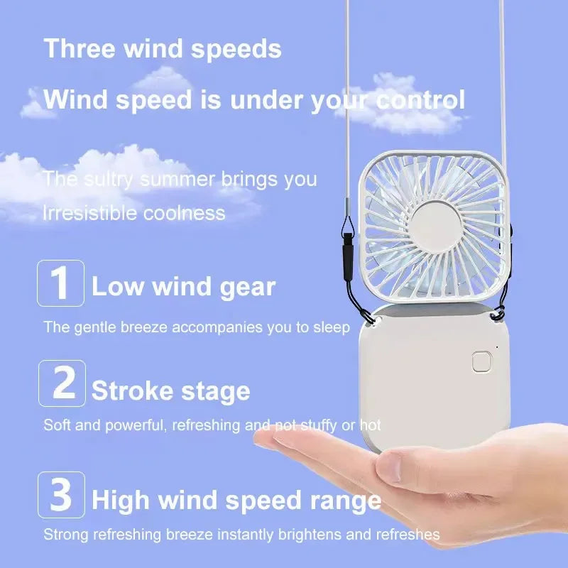 3-in-1 Mini Fan – Handheld, Neck & Desktop, 180° Rotating, 7-Blade Brushless, USB Rechargeable (Pink / White)
