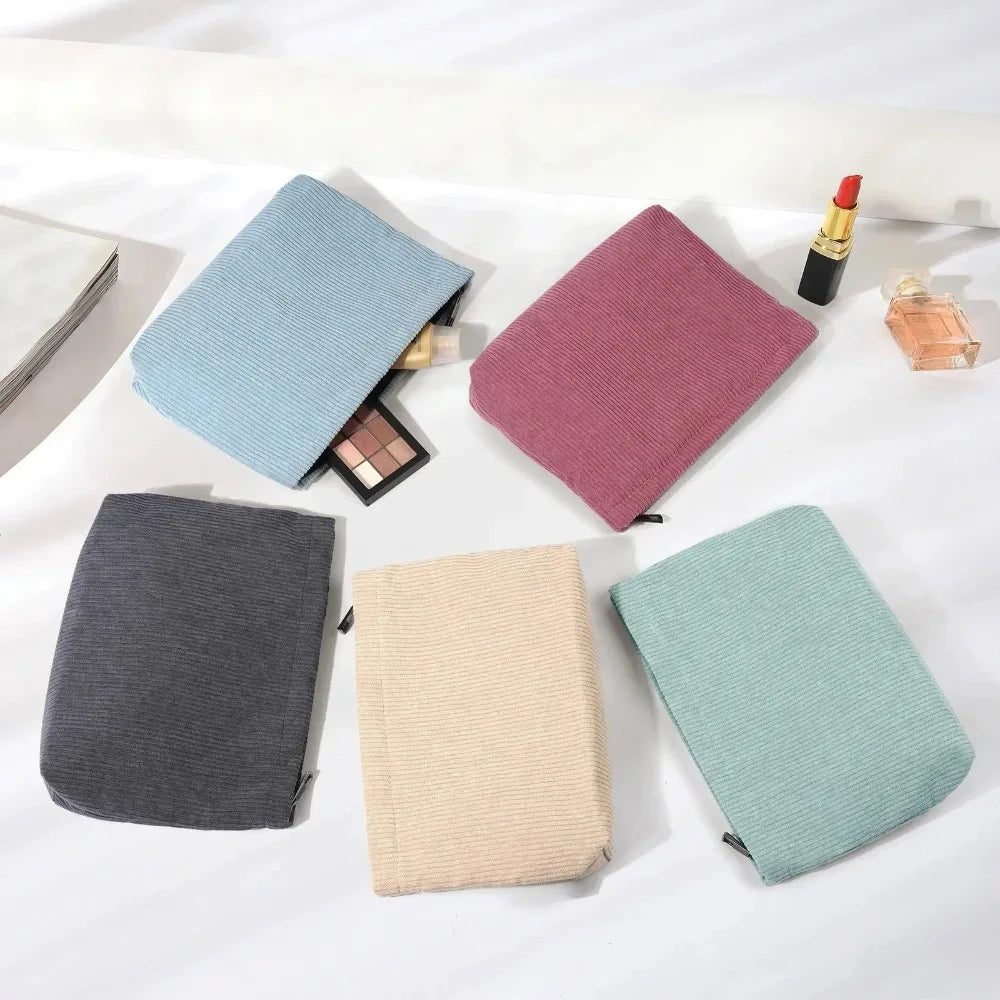 Corduroy Makeup Pouch – Large Zipper Cosmetic Bag & Brush Storage Clutch