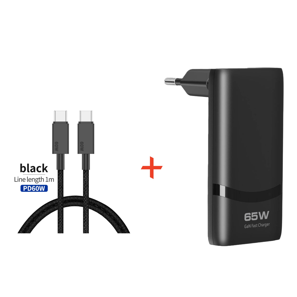 65W GaN Dual USB-C Wall Charger – Flat, Foldable Plug, Fast Charging, White/Black