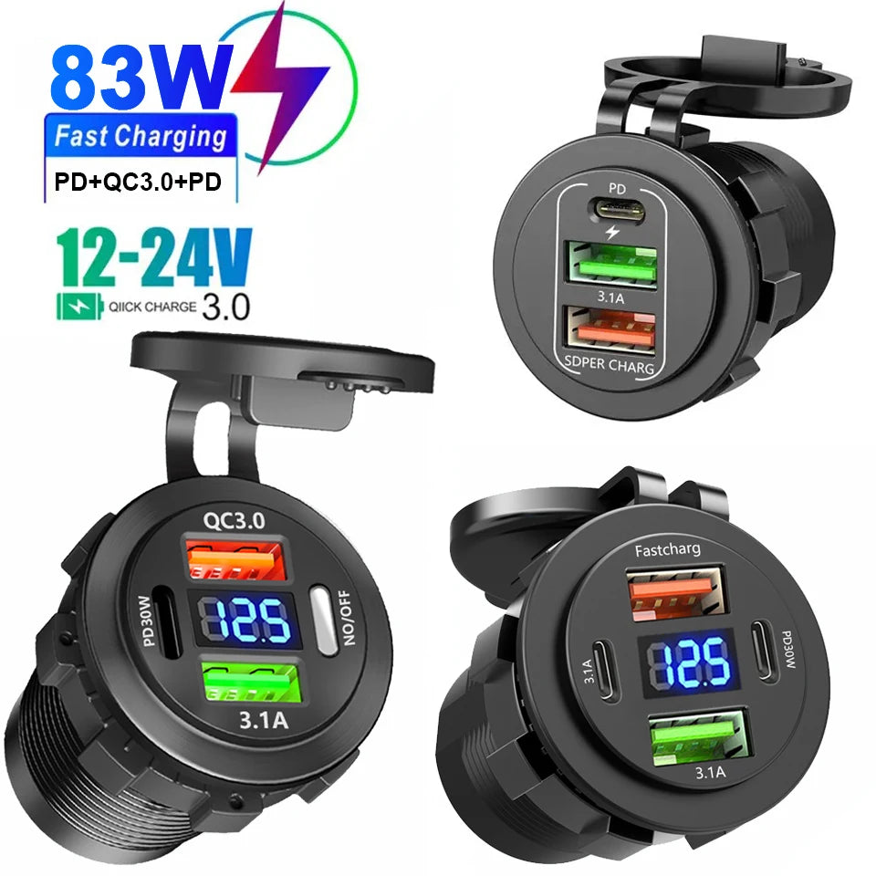 Car USB Charger Socket – PD3.0 & QC3.0, 3/4 Ports, Voltmeter, On/Off Switch, 12/24V