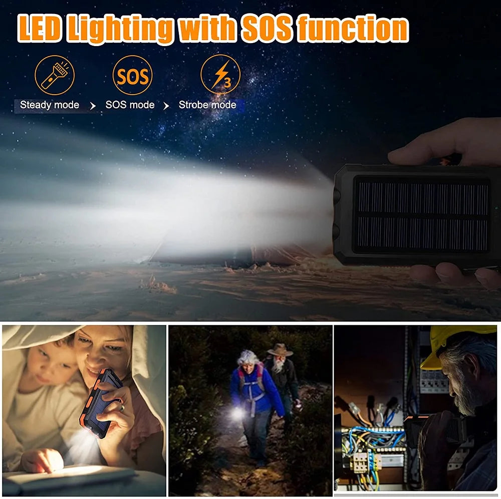 Solar Power Bank 80000mAh – Portable Charger with LED Flashlight & Compass