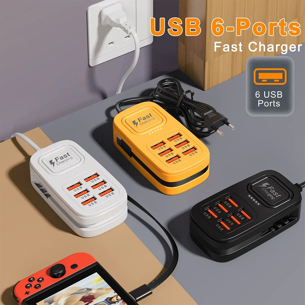 6-Port USB Fast Charger – Desktop Charging Station with USB-C (EU/UK/US)