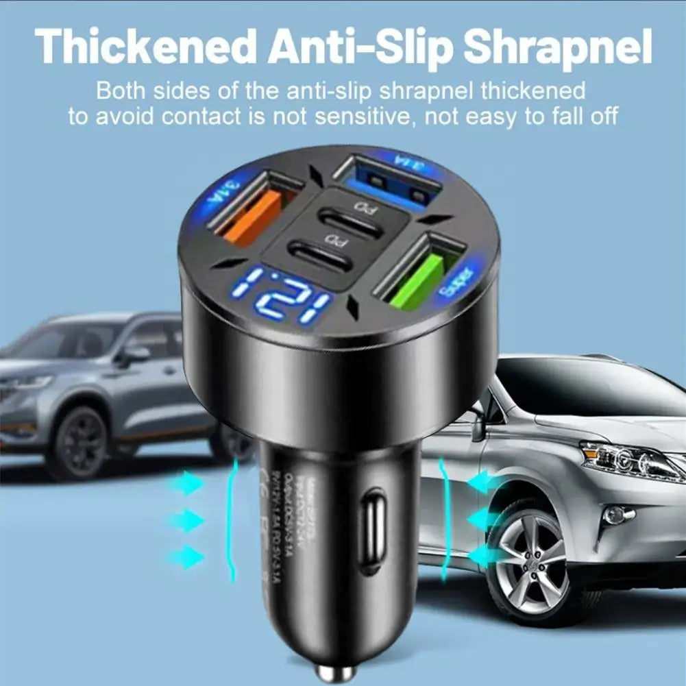 5-Port Car Charger 250W – Fast Charging PD & QC3.0, USB-C & USB-A for iPhone & Android