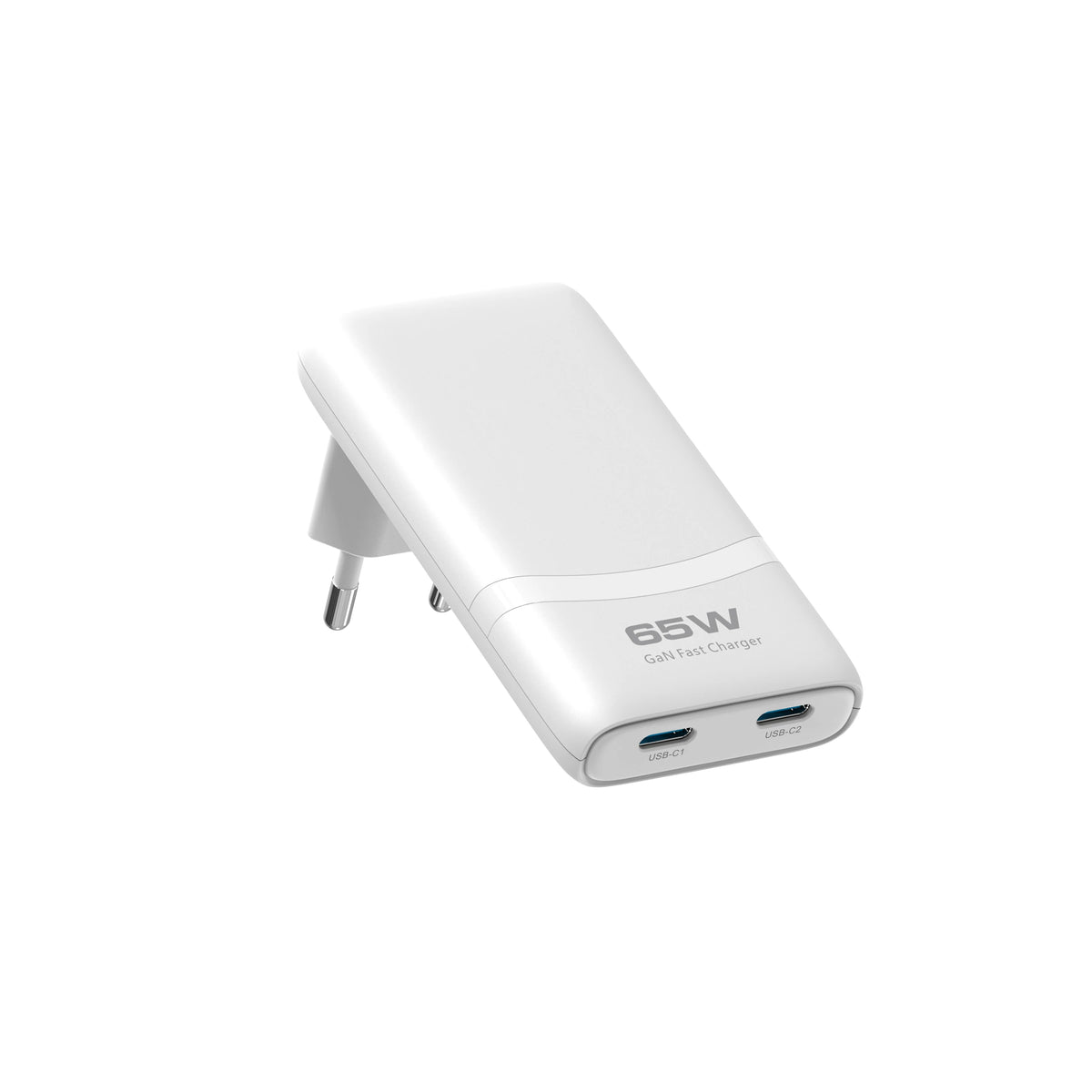 65W GaN Dual USB-C Wall Charger – Flat, Foldable Plug, Fast Charging, White/Black