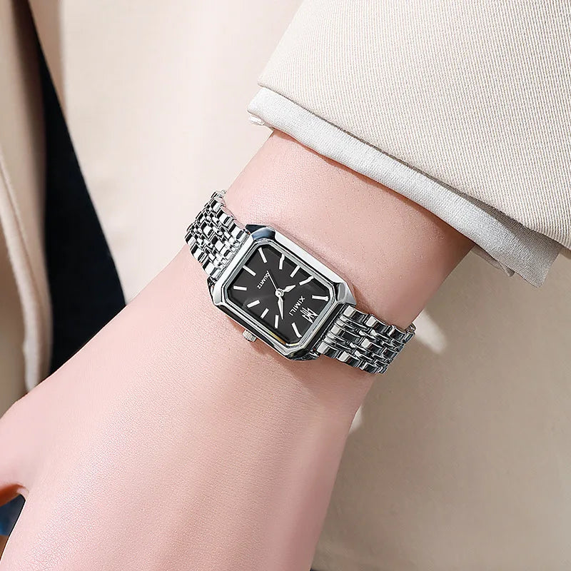 Women's Rectangle Quartz Watch – Alloy Band, Numberless Dial | Silver & Gold Tones