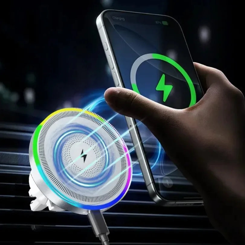 RGB Magnetic Wireless Car Charger Holder – MagSafe, Air Vent, 360° Rotation