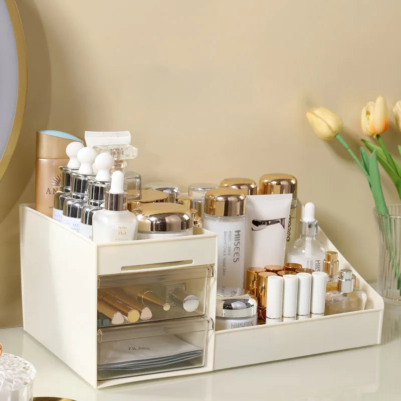 Desktop Cosmetic Organizer with Drawer – Beige Makeup Storage Box & Display Case