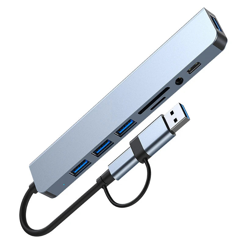 8-in-2 USB + USB-C Hub – SD Card Reader, 3.5mm Audio, USB 3.0 Docking Station