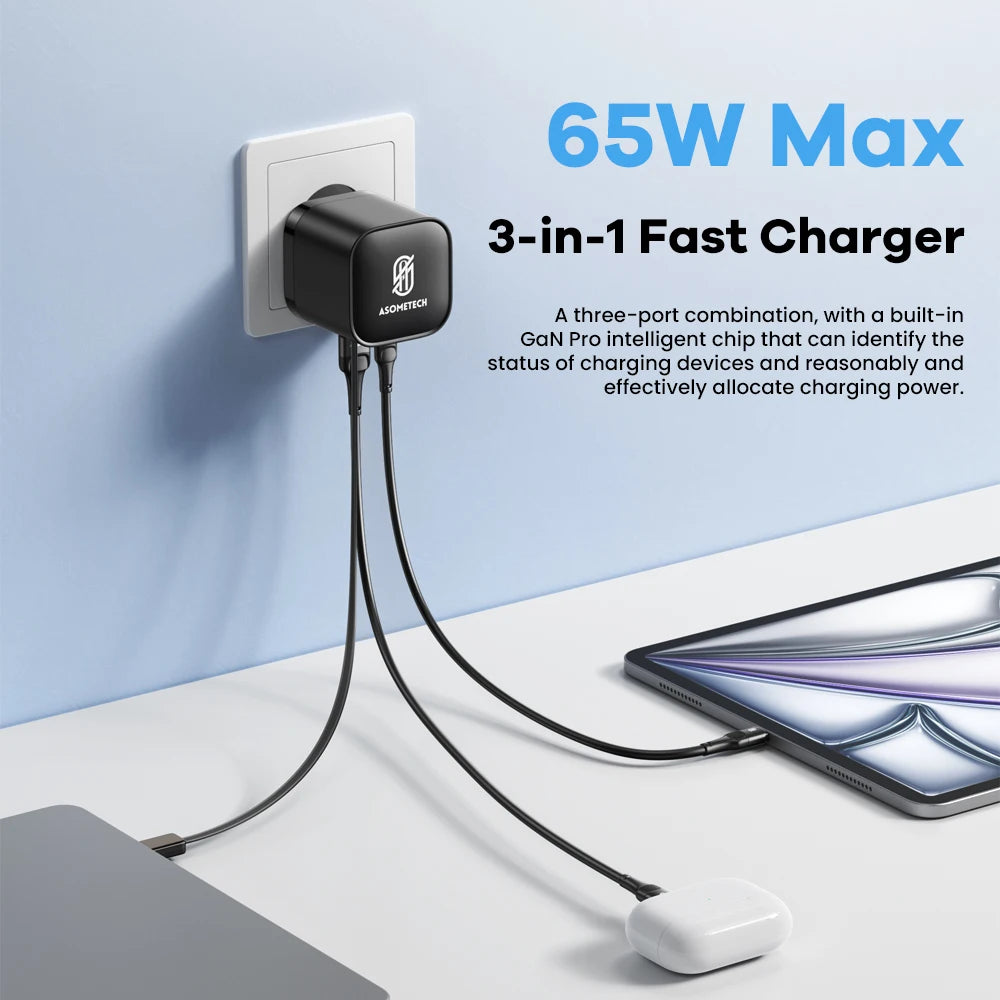 65W GaN Charger with Built-in Retractable USB-C Cable – 3 Ports, QC4.0 & PD3.0, US/EU/Korea Plug