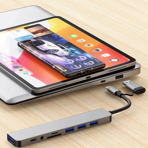 8-in-2 USB + USB-C Hub – SD Card Reader, 3.5mm Audio, USB 3.0 Docking Station