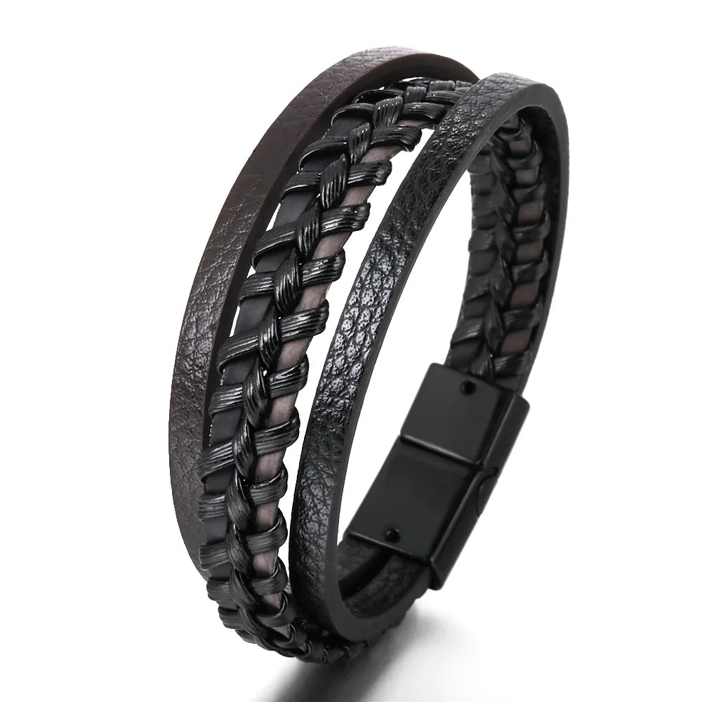 Men's Stainless Steel Leather Bracelet — Braided