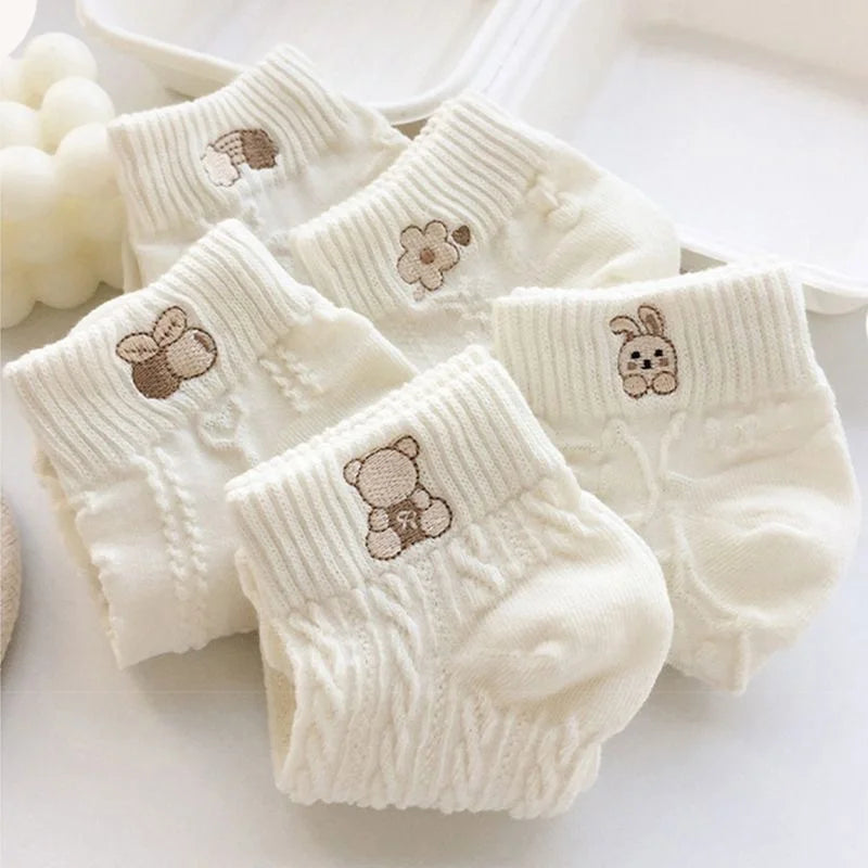 5-Pair Women's Ankle Socks – Cute Bear & Rabbit Print