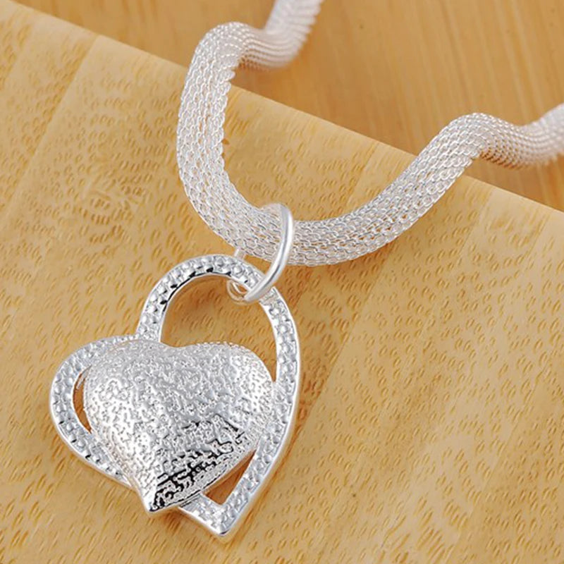 Double Heart Pendant Necklace – 925 Sterling Silver, Rose Gold Plated, 45cm