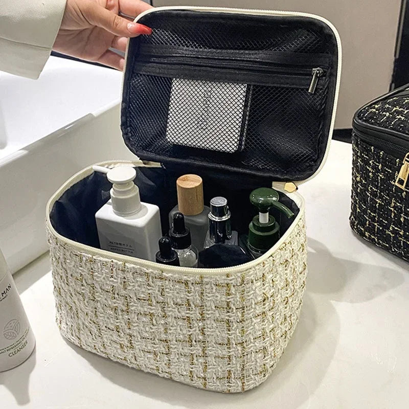 Knitted Style Makeup Bag – Large Canvas Cosmetic Storage Bag for Women