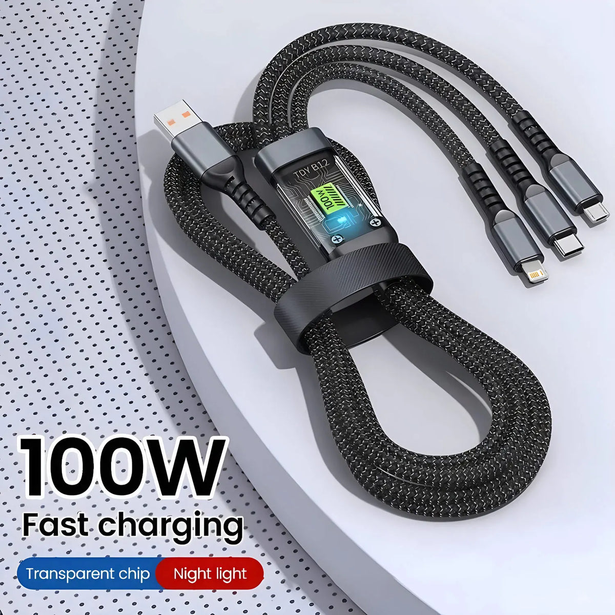 100W 3-in-1 Fast Charging Cable – USB-A to USB-C, Lightning & Micro USB – Braided Nylon, 1.2m