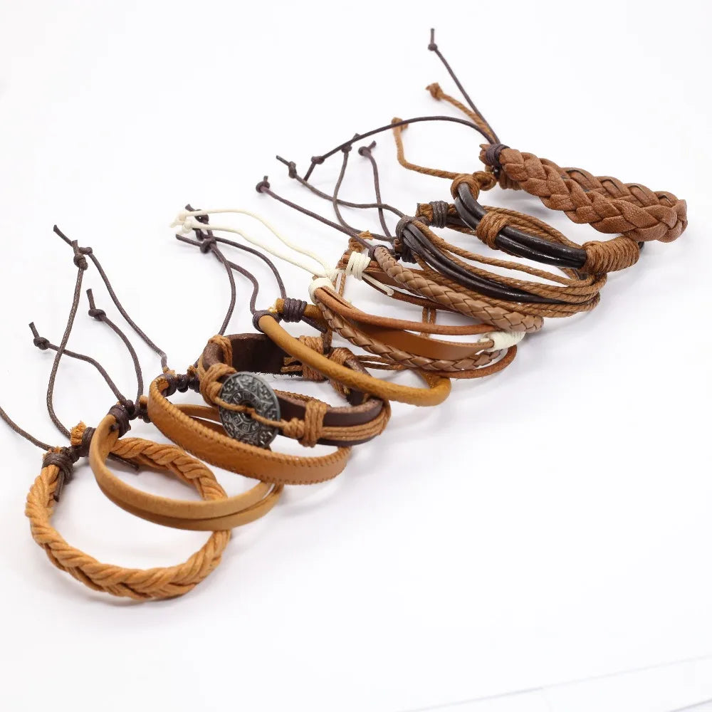 10-Piece Leather Wrap Bracelet Set — Handmade Woven