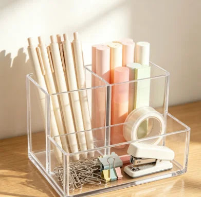 Organisateur de Pinceaux Maquillage Acrylique Transparent – 3 Compartiments