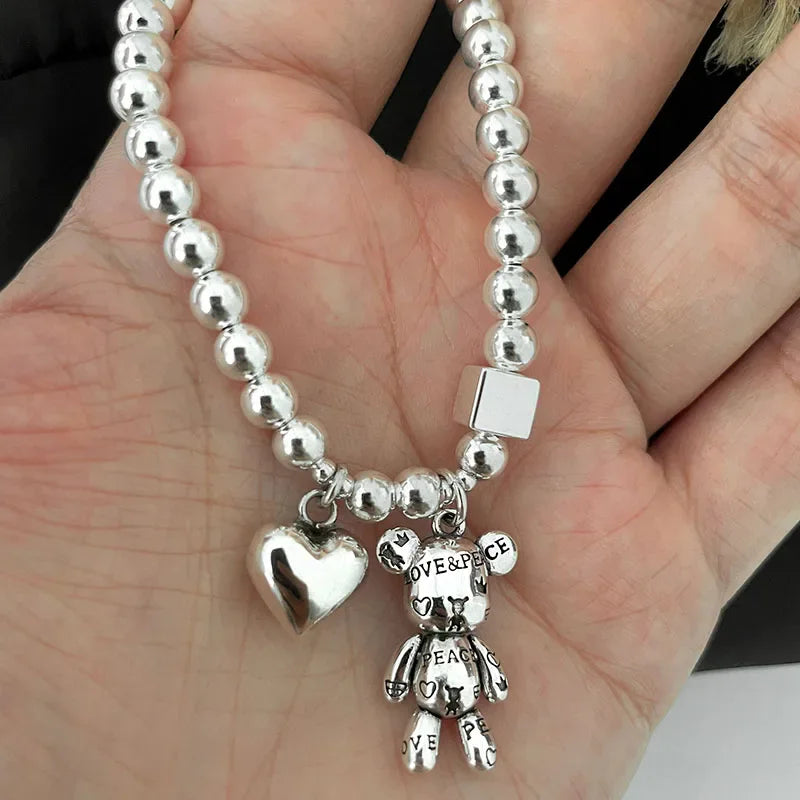 925 Sterling Silver Bear Pendant Bracelet – Zircon Beaded Cuff | Vintage Cute Party Jewelry for Women