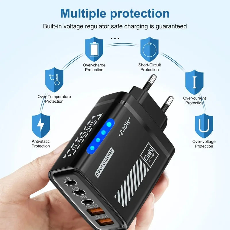 240W GaN Desktop Charger – 5 Ports (3x USB-A + 2x USB-C), LED Light, US/EU Plug