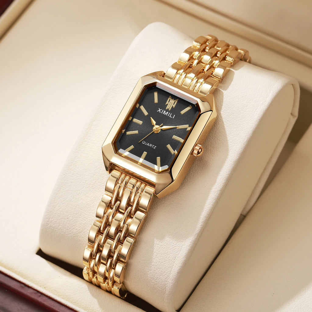 Women's Rectangle Quartz Watch – Alloy Band, Numberless Dial | Silver & Gold Tones