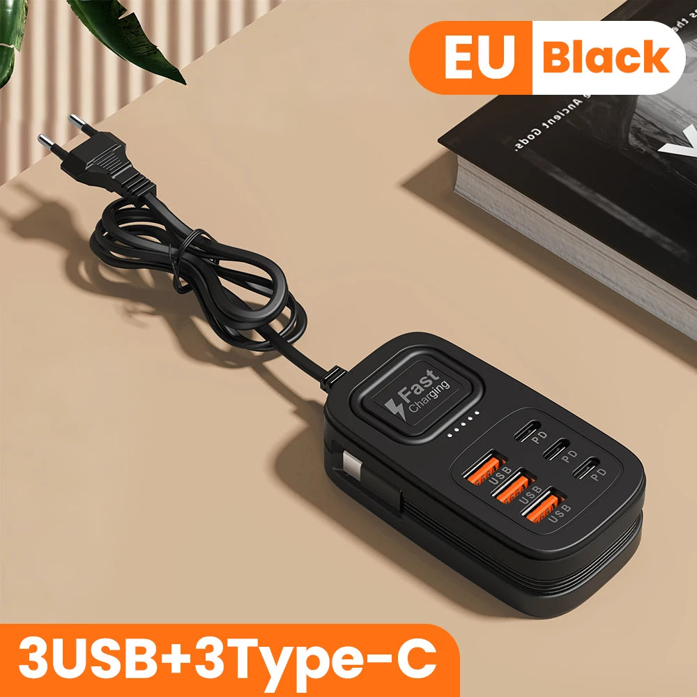 6-Port USB Fast Charger – Desktop Charging Station with USB-C (EU/UK/US)