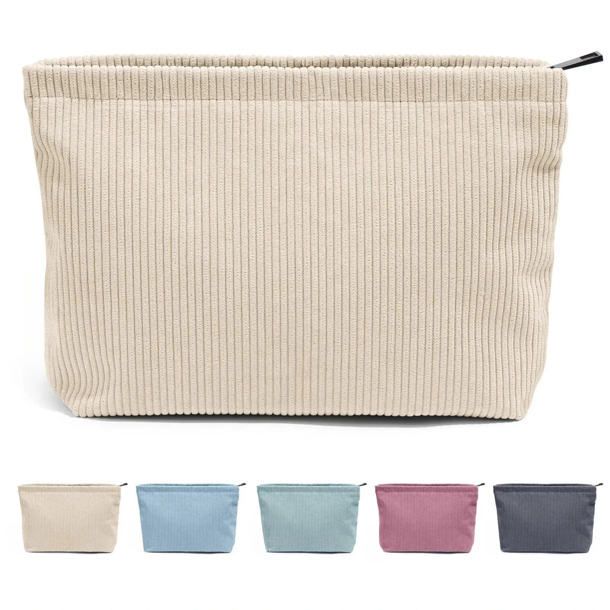 Corduroy Makeup Pouch – Large Zipper Cosmetic Bag & Brush Storage Clutch