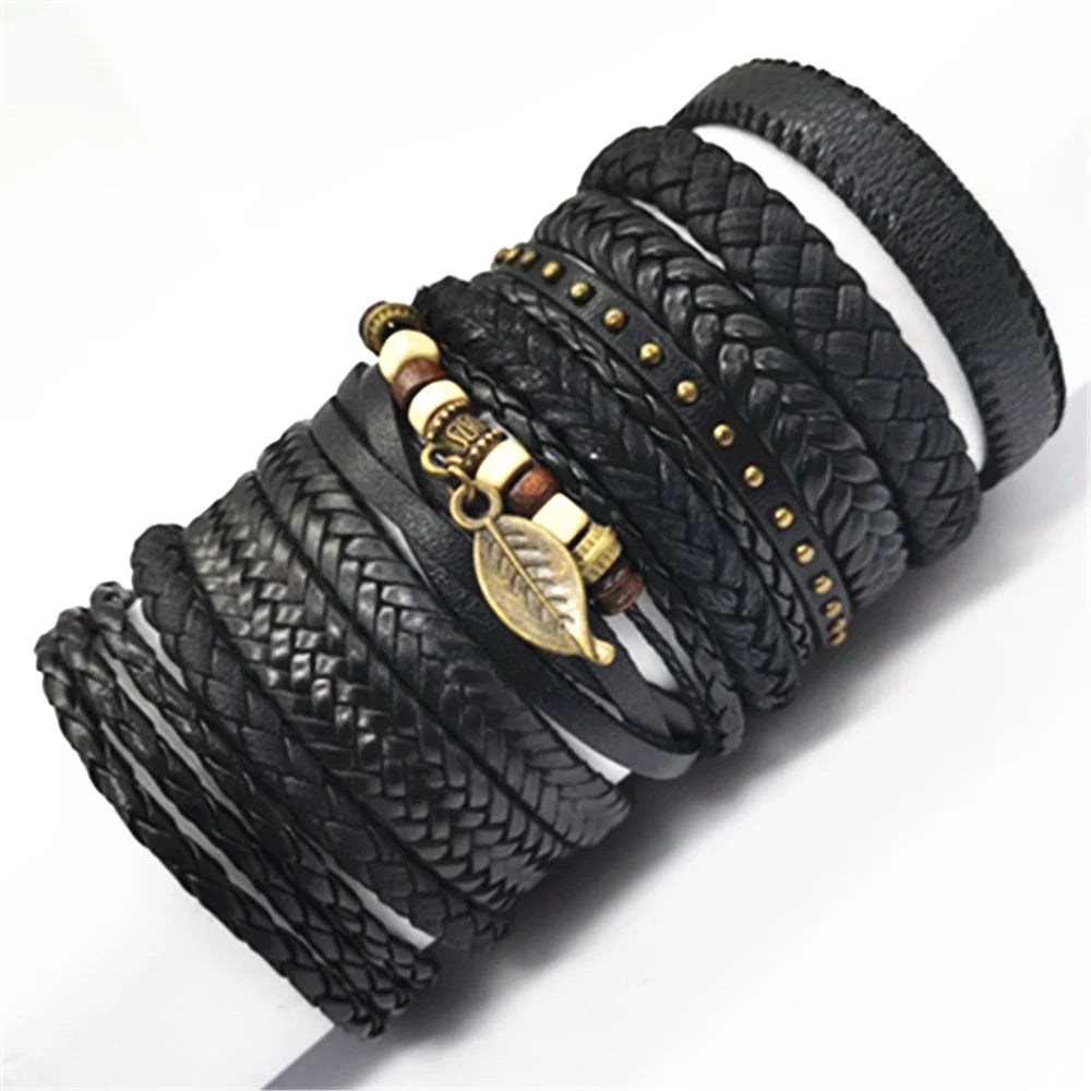 10-Piece Leather Wrap Bracelet Set — Handmade Woven