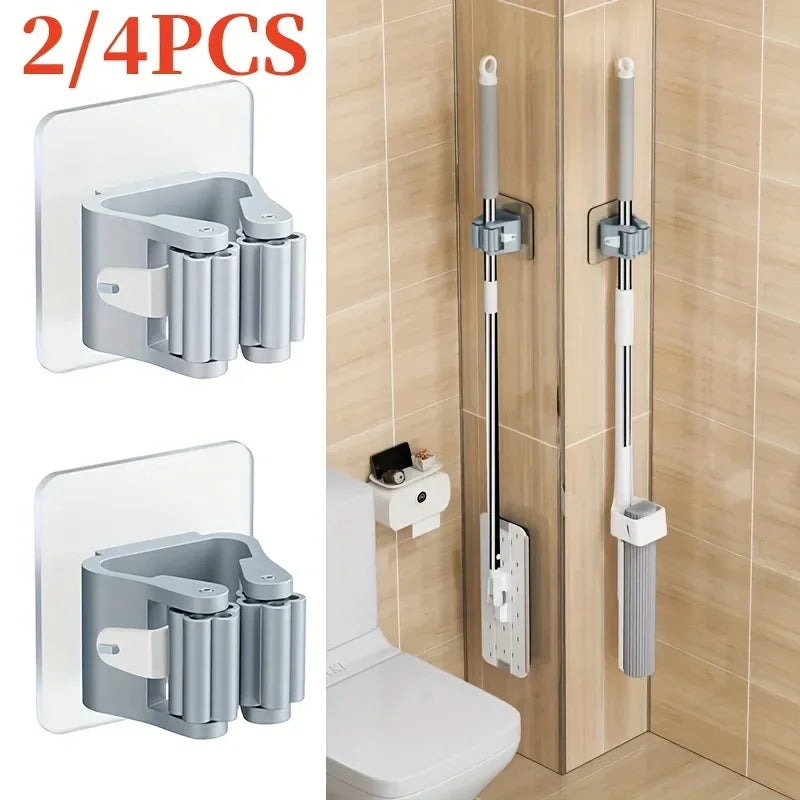 Self-Adhesive Mop & Broom Wall Holder – No-Drill Waterproof Clip Organizer