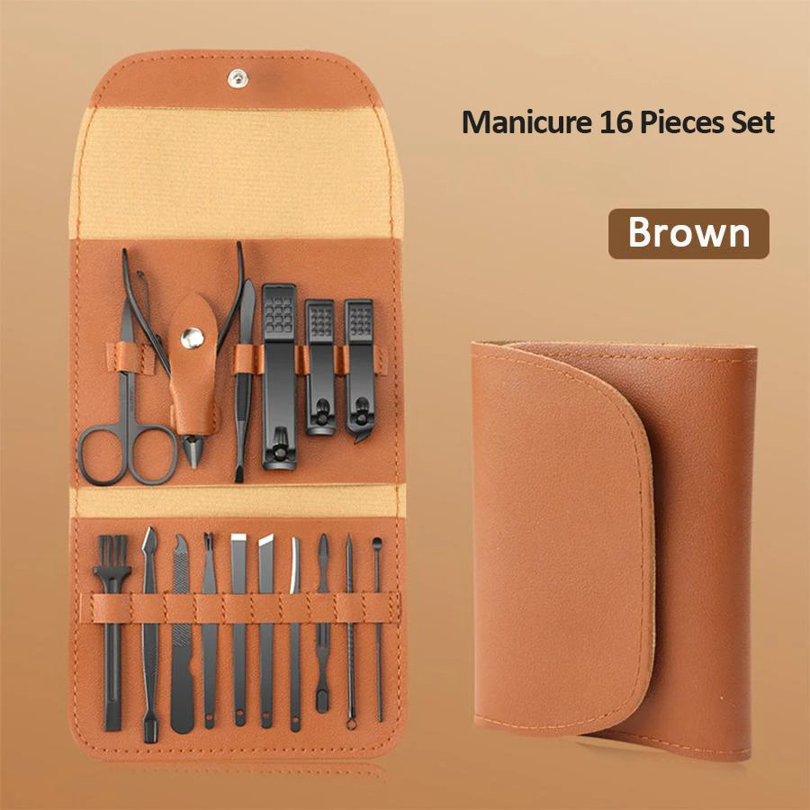 Kit Manucure Premium 16 Pièces – Acier Inoxydable, Pédicure & Étui Voyage