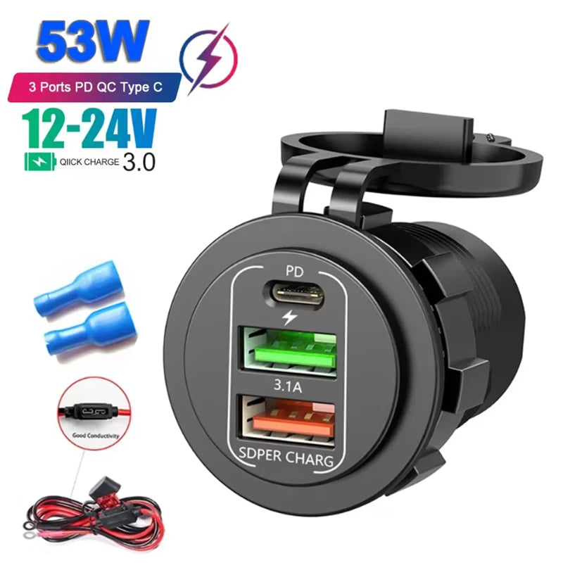 Car USB Charger Socket – PD3.0 & QC3.0, 3/4 Ports, Voltmeter, On/Off Switch, 12/24V