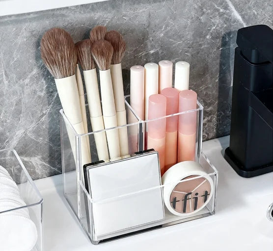 Organisateur de Pinceaux Maquillage Acrylique Transparent – 3 Compartiments